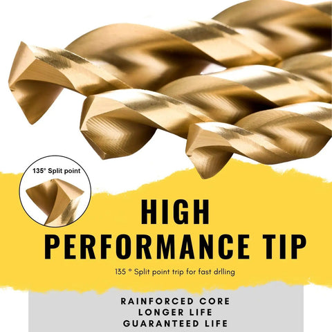 Close-up of 230 Pc Titanium Coated Twist Drill Bit Set HSS 4241 with 135 Degree Split Point for metalworking and woodworking.