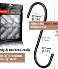 Heavy Duty 3.7 Inch S Hooks For Hanging Jeans Pans Pots Bags Towels And Plants Black Steel Fits Closet Rods Under 1 Inch Diameter Perfect Kitchen And Home Organization Space Saver, pack and single hook showing dimensions