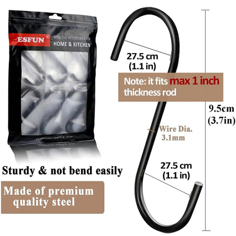 Heavy Duty 3.7 Inch S Hooks For Hanging Jeans Pans Pots Bags Towels And Plants Black Steel Fits Closet Rods Under 1 Inch Diameter Perfect Kitchen And Home Organization Space Saver, pack and single hook showing dimensions