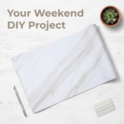 Waterproof Peel And Stick Wallpaper With True Marble Grain For Kitchen Backsplash And Cabinet Makeover Quick Install Oil Resistant Wall Film on a tabletop with tools.
