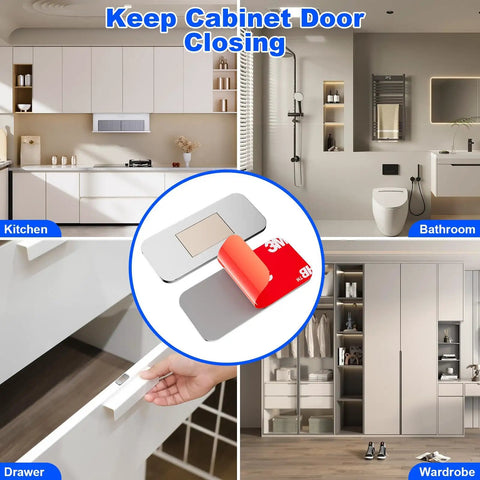 Two Pack Black Cabinet Magnets For Closure With Stainless Steel Latch No Drill Easy Install With Double Sided Tape shown in kitchen, bathroom, drawer, and wardrobe