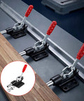 4 Pack Push Pull Toggle Clamps Delivering Badass 500 Lb Holding Power With Quick Release Stroke Action Heavy Duty Professional Grade For Woodworking And Welding Projects, showing clamps securing wood pieces.