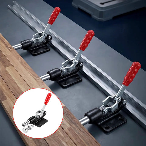 4 Pack Push Pull Toggle Clamps Delivering Badass 500 Lb Holding Power With Quick Release Stroke Action Heavy Duty Professional Grade For Woodworking And Welding Projects, showing clamps securing wood pieces.