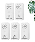 Five wireless water leak detectors with 90dB adjustable alarm, front view showing labels and design, for kitchen bathroom basement use.