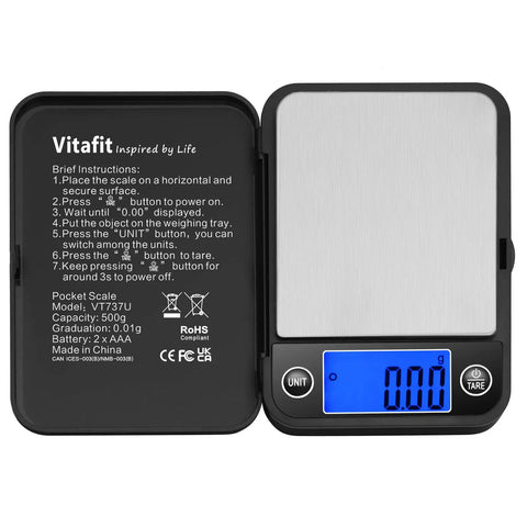 Ultra Accurate 0.01g Digital Pocket Scale With 500g Capacity For Lab Kitchen Coffee Jewelry And Food Black Portable Precision Weighing For On The Go Outdoors with instructions displayed on open case