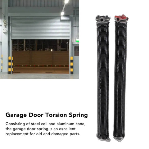 Heavy Duty Garage Door Torsion Spring Replacement Kit For Left Right Side With Steel Coil And Aluminum Cone Ensures Smooth Reliable Operation Up To 16k Cycles Perfect Fit For Standard Doors, shown with two springs