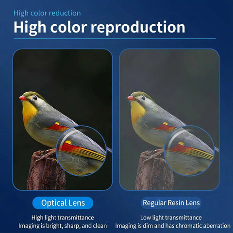 Comparison of optical and resin lenses in Beginner Kids Telescope With 50mm Aperture And Tripod, showcasing color accuracy.