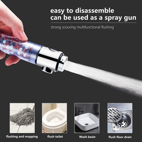 Hand holding High Pressure Jetting Shower Head With 3 Modes, Modern Chrome Finish, ABS Body, spraying water and mineral beads visible.