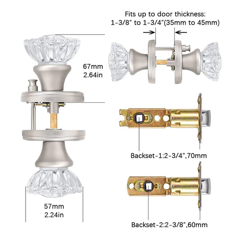 Crystal Glass Door Knobs With Lock Satin Nickel Finish dimensions and backset options for interior doors.