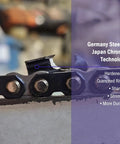 Close-up of Germany steel chain for Heavy Duty Gas Chainsaw With 61.5cc Two-Stroke Engine Delivers 3.8HP, quick start system for cutting.