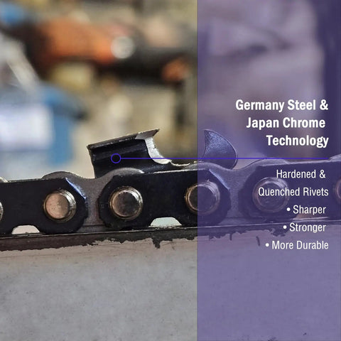 Close-up of Germany steel chain for Heavy Duty Gas Chainsaw With 61.5cc Two-Stroke Engine Delivers 3.8HP, quick start system for cutting.