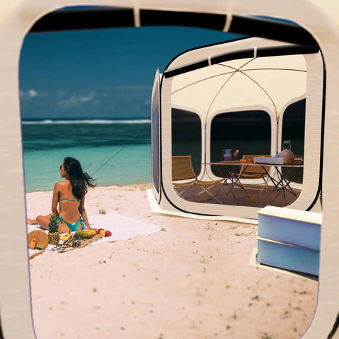 Instant Pop Up Screen Tent With Mosquito Net by beach; portable screen house canopy for patio, backyard; perfect for camping or outdoor hangouts.