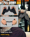 Solid Steel Lat Pull Down Bar Attachment For Cable Machines, V Bar And T Bar Combo With Knurled Ergonomic Grips in use.