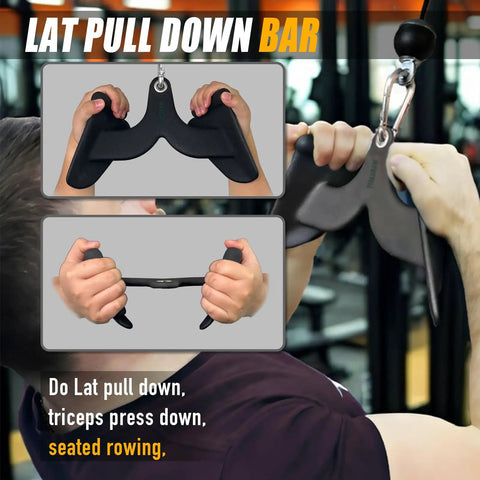 Solid Steel Lat Pull Down Bar Attachment For Cable Machines, V Bar And T Bar Combo With Knurled Ergonomic Grips in use.