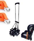 Extendable Car Seat Travel Cart For Airports with Folding Stowable Base Plate and Smooth Wheels, shown with car seat and straps.