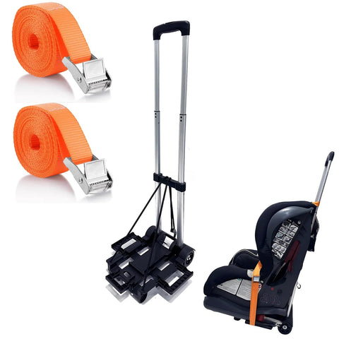 Extendable Car Seat Travel Cart For Airports with Folding Stowable Base Plate and Smooth Wheels, shown with car seat and straps.