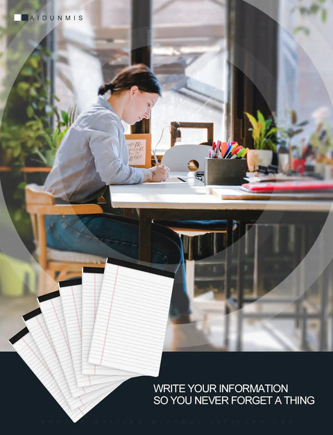Person writing at desk with plants, next to 5x8 Legal Pads For Work And School, 80 GSM Paper, College Ruled Notepads, 6 Pack