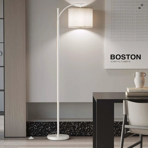 Arc Floor Lamp With Remote Control And Stepless Dimmable Bulb in living room with modern decor, tall gold standing lamp with hanging shade.