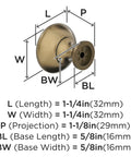 Classic Zinc Cabinet Knob One And A Quarter Inch Diameter For Cabinets And Furniture Durable And Easy To Install Snazzy Hardware Upgrade For Kitchen And Bath Traditional Style Drawer Knob diagram with dimensions in burnished brass.