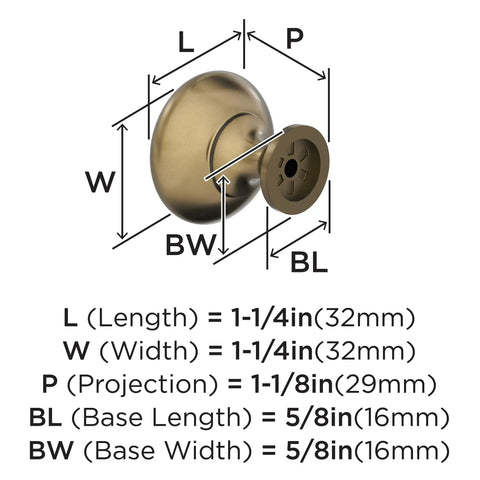 Classic Zinc Cabinet Knob One And A Quarter Inch Diameter For Cabinets And Furniture Durable And Easy To Install Snazzy Hardware Upgrade For Kitchen And Bath Traditional Style Drawer Knob diagram with dimensions in burnished brass.
