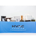 Assorted HVAC components displayed on table; includes 12x30 Steel Return Air Grille For HVAC Ducts Sidewall Or Ceiling Mount White Finish Built To Last Heavy Duty Stamped Steel With Recessed Screw Holes Screws Included Outer 13.75x31.75 Inches Sleek Duct Cover For Quick Clean Airflow