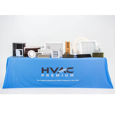 Assorted HVAC components displayed on table; includes 12x30 Steel Return Air Grille For HVAC Ducts Sidewall Or Ceiling Mount White Finish Built To Last Heavy Duty Stamped Steel With Recessed Screw Holes Screws Included Outer 13.75x31.75 Inches Sleek Duct Cover For Quick Clean Airflow