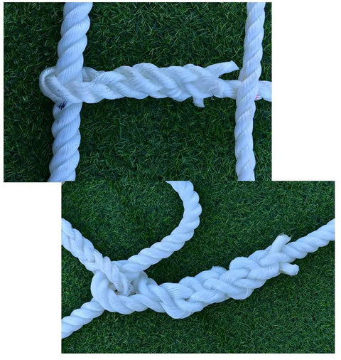 Close-up of heavy duty cargo lifting net knots made with thick polyester weave for secure load control.