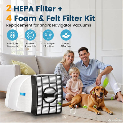 Family with dog in living room next to Replacement Filter For Shark Navigator Upright And Rotator Lift Away Vacuums