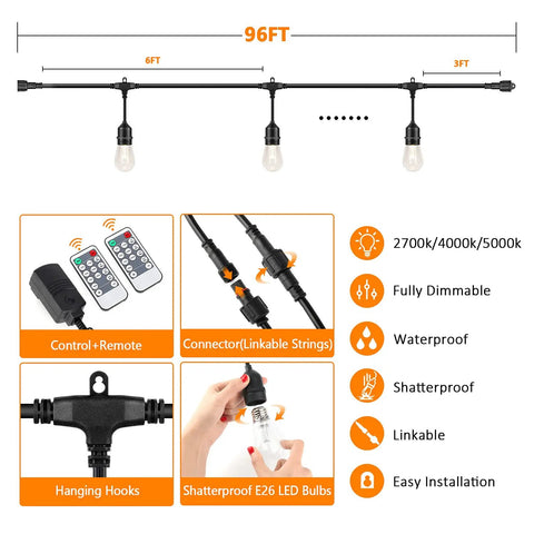 Diagram of Two Pack 96 Foot Outdoor String Lights With Remotes Dimmable 3 Color LED Warm White Neutral White Daylight, features shown