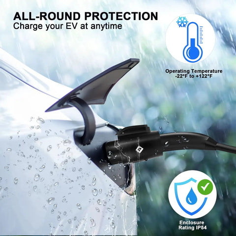 Straight Talk Heavy Duty Tesla To J1772 Charging Adapter 80A Rapid Portable Connector with waterproof features in use.