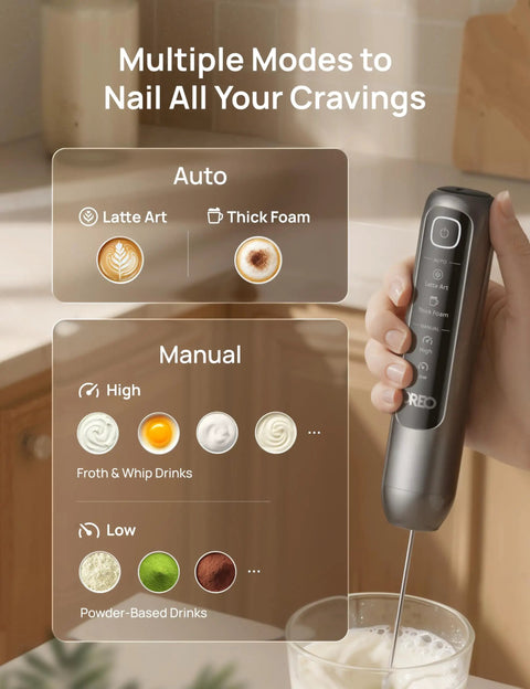 Handheld Milk Frother For Coffee Drinks Creates Silky Latte Art Foam In Minutes Quiet Electric Mixer Wand with multiple settings.