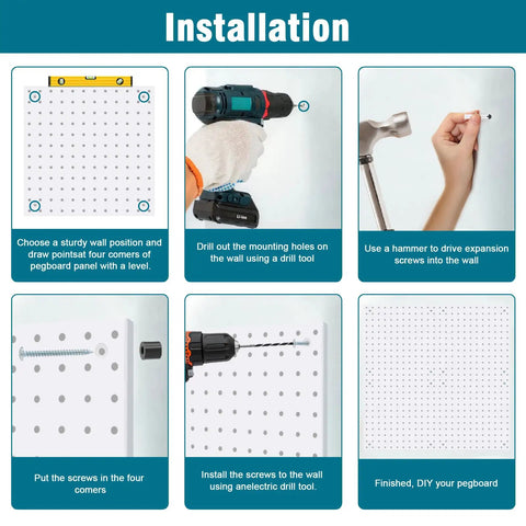 Installation instructions for Peg Board Kit With Hooks And Bins For Wall Organizer Ideal For Office And Craft Rooms Display Ornaments.