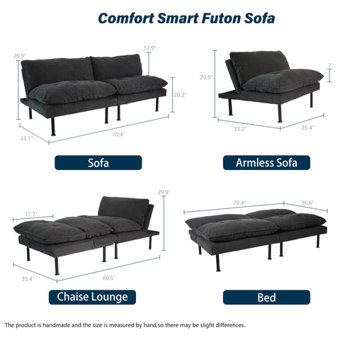 Diagrams of 70 Inch Futon Sofa Bed With Adjustable Backrest 4 In 1 Convertible Couch Sleeper in sofa, armless, chaise, and bed forms.