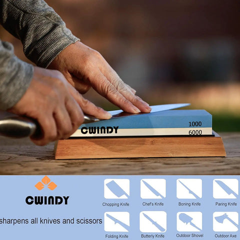 Person sharpening knife on Dual Sided Whetstone Knife Sharpener Kit 1000/6000 Grit With Non Slip Base And Fix Stone