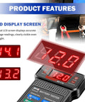 Must Have 12V Battery Tester With LCD Display And LED Lights Quick Load Test For Auto Batteries Universal Car Battery And Alternator Checker Handy 12V Vehicle Diagnostic Tool showing red voltage readout and clamps
