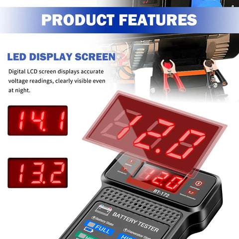 Must Have 12V Battery Tester With LCD Display And LED Lights Quick Load Test For Auto Batteries Universal Car Battery And Alternator Checker Handy 12V Vehicle Diagnostic Tool showing red voltage readout and clamps