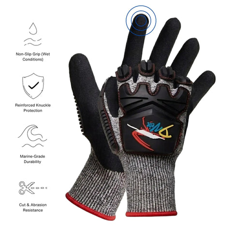 Lobster Diving Gloves With Kevlar Puncture Protection For Spearfishing And Ocean Adventures, True Cut Resistant Gear With Rubber Armored Knuckle Guard, Durable Padded Palm, Large Size shown with features