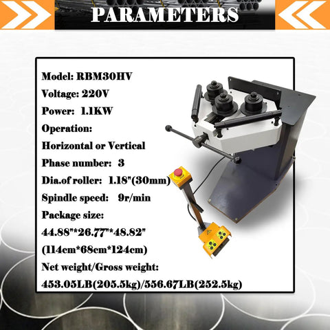 Heavy Duty Electric Roll Bender 1.1KW Three Roller Metal Bending Machine parameters with foot pedal, showing adjustable rolls and specs.