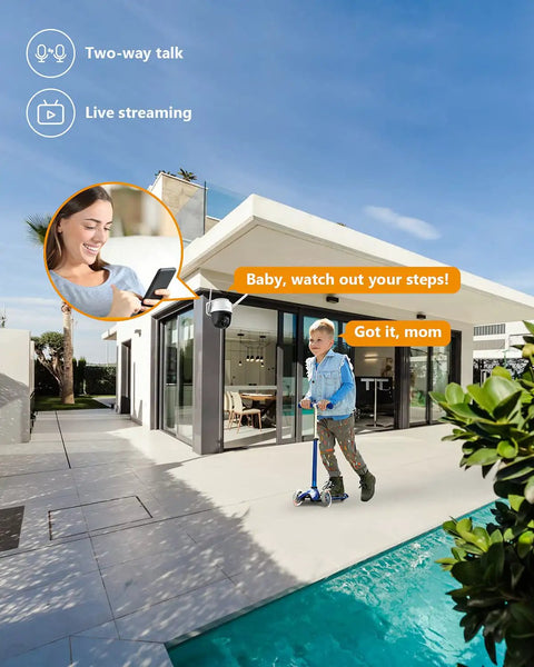 Outdoor Security Camera With Floodlight And Two Way Talk showing live two-way talk feature as parent communicates with child.