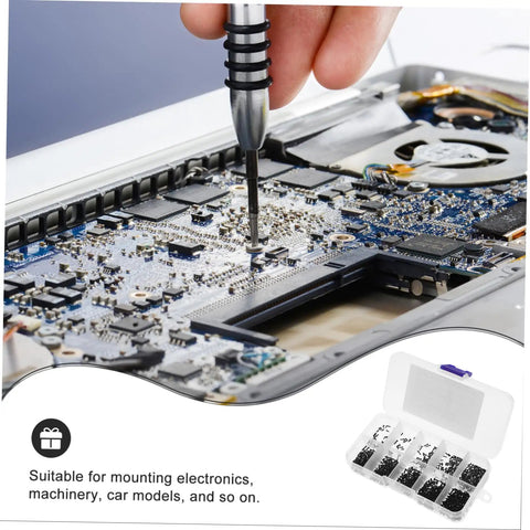 Using Small Round Head Screws Set 1000 Pcs for electronics assembly with open box showing screws, carbon steel with brass threads