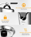 Healnitor 150W Electric Citrus Juicer with Two Cones, Stainless Steel Quiet Orange Juice Extractor showing die-casting handle, anti-drip spout, and strainer.