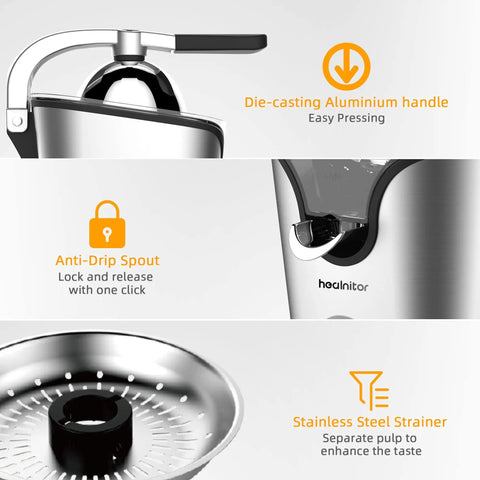Healnitor 150W Electric Citrus Juicer with Two Cones, Stainless Steel Quiet Orange Juice Extractor showing die-casting handle, anti-drip spout, and strainer.