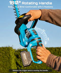22 Inch Cordless Hedge Trimmer with 180 Degree Rotating Handle being adjusted in a garden setting.