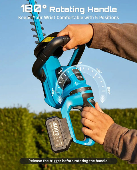 22 Inch Cordless Hedge Trimmer with 180 Degree Rotating Handle being adjusted in a garden setting.