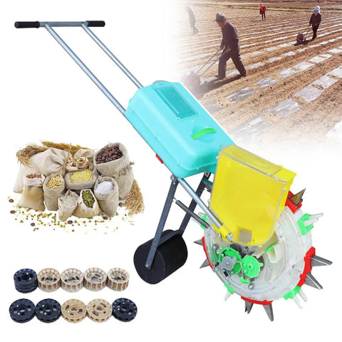 All In One Garden Seeder With Ten Seed Plates, No Bend Push Spreader for Precision Planting, Sowing Depth Six Centimeters, Stainless Steel Duckbill Tip