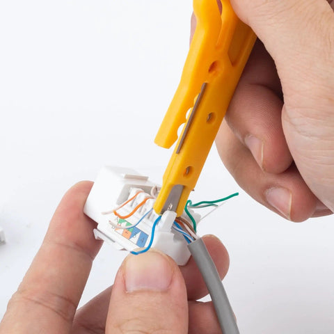 Using 10 Piece Mini Wire Stripper Set With Secure Finger Loop For 5-6.2mm Cables on telecom wires, ergonomic ABS handle visible