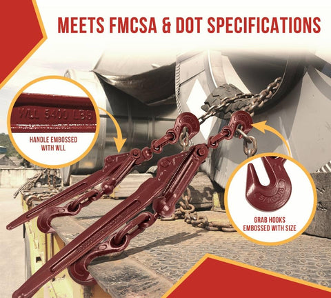 Lever Style Snap Chain Binders For Flatbed Truck Trailers 5/16-3/8 G70 Chain, embossed handle, red finish, close-up on load