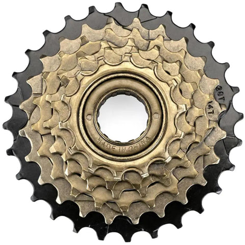 Solid Six Speed 14 To 28T Bicycle Freewheel With Threaded Type Freehub Replacement Part, steel cogs, top view