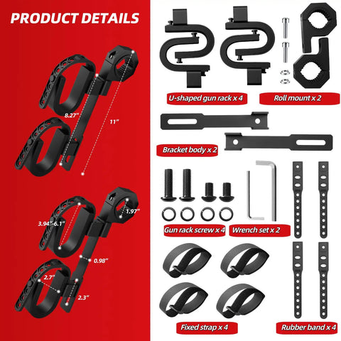 Double Tier Roll Bar Gun Rack For Trucks, ATVs, UTVs And Snowmobiles with Heavy Duty Tool And Shovel Mount parts and dimensions