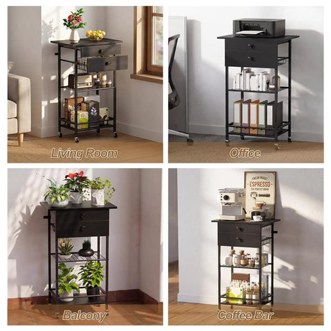 Slick Black Five Tier Coffee Cart Compact Game Changer Bar Station For Tiny Kitchens in Living Room and Office settings.